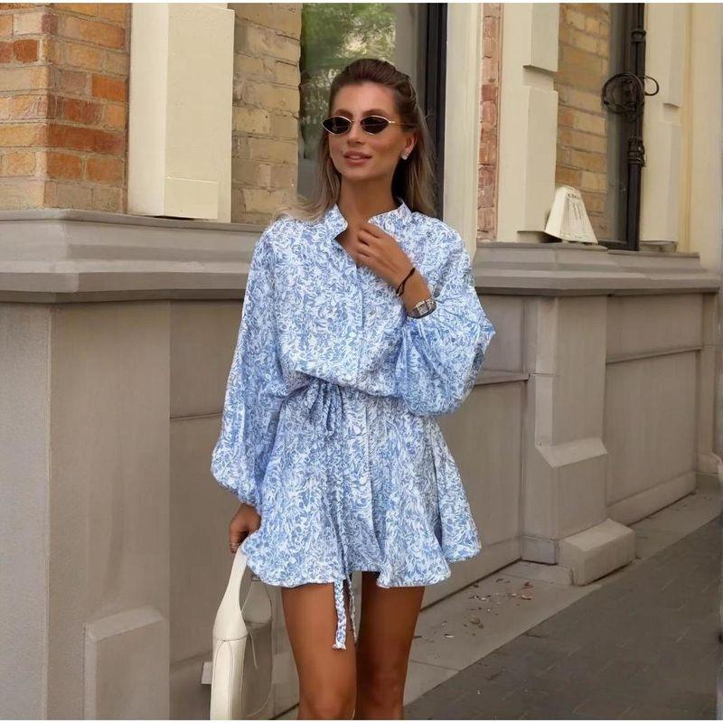 2025 Summer New European and American Foreign Trade Cross-Border Women clothes Floral Single-Breasted Sexy Lace-up Slim fit Short dress Dress