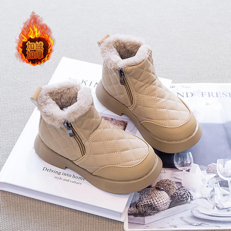 

Kids Plush Cuff Side Zipper Diamond Quilted Lined Warm Winter Snow Ankle Boots 26 хаки