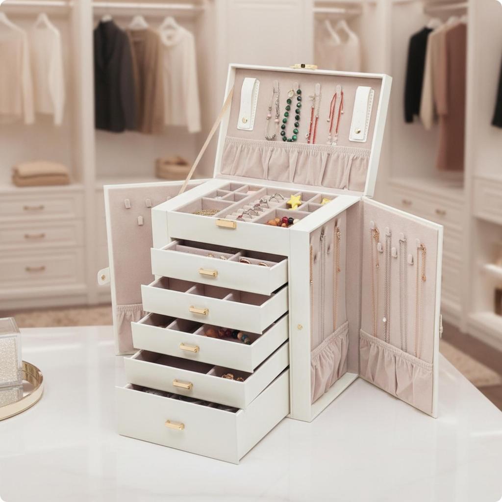 Jewelry Box with Drawers Large Capacity 6-Layer Velvet-Lined for
