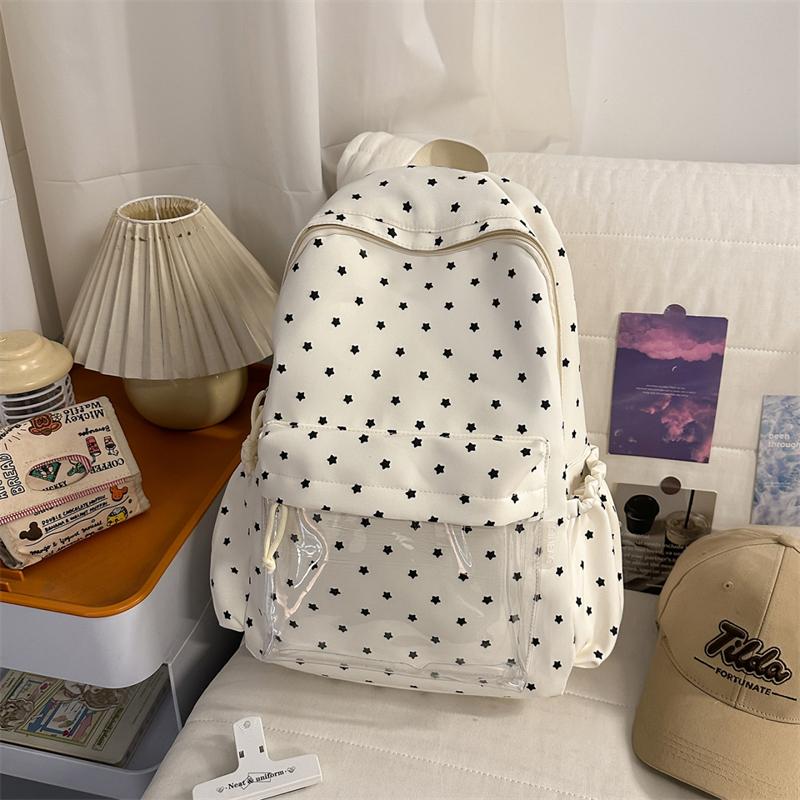Cute Star Print Backpack for Women & Girls – Transparent Front Pocket, Lightweight Design – Perfect for School, Travel & Daily Use