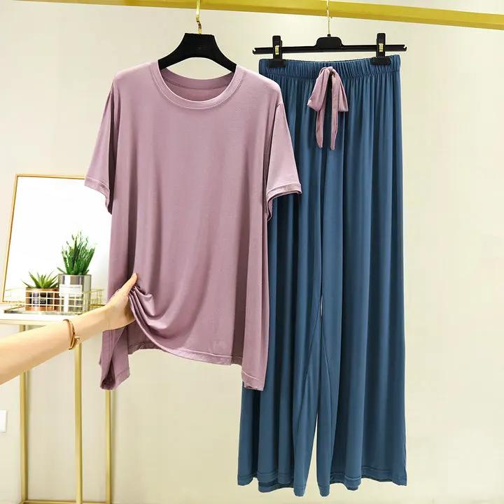 Summer Solid Color Modal Breathable Sleepwear Trousers Loose Large Size Women Pajamas Homewear Suit Casual Clothing