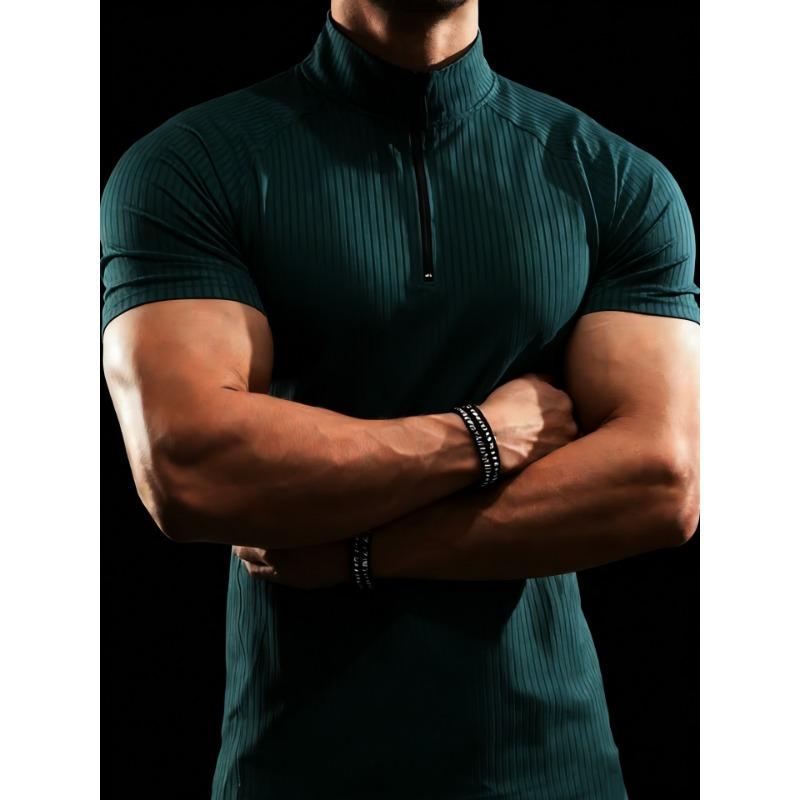 Men European Size Slim Fit Summer Half Zip Short Sleeve Ribbed Polo Shirt