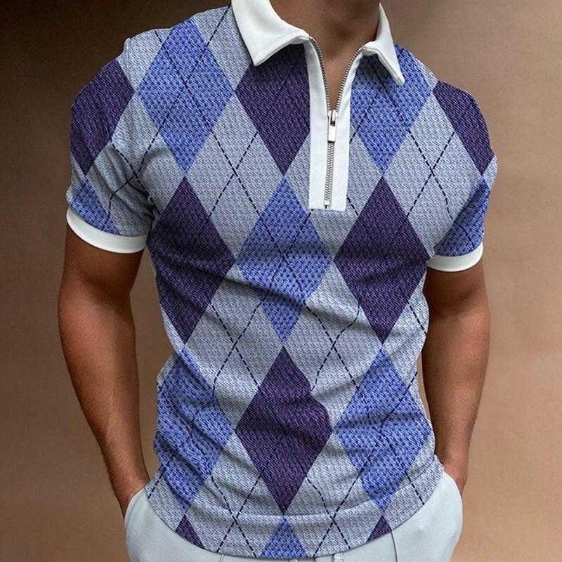 Men S Short Sleeve Polo Shirt Color Block Zip Detail Loose Fit Casual Top