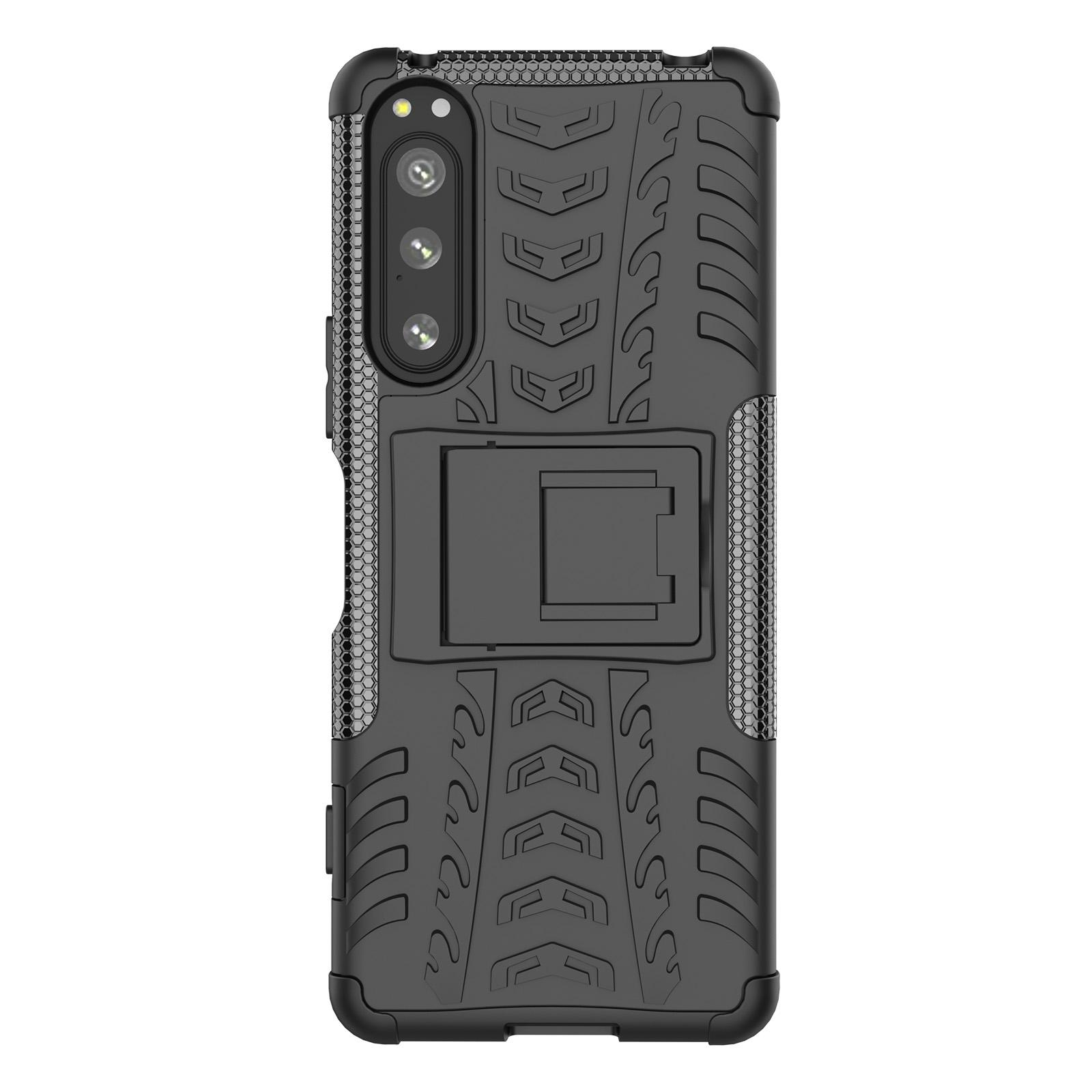 

For Sony Xperia 5 IV 5G Hard PC+TPU Tires Style Cool Rugged Phone Case Kickstand Anti-Slip Shockproof Cover Black
