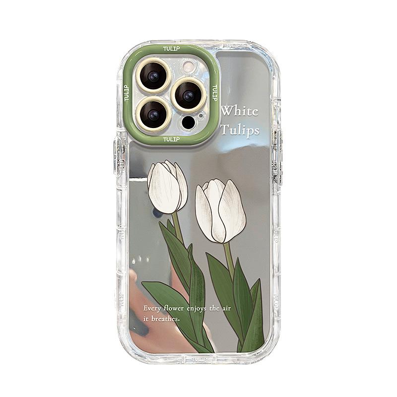 White Tulips Suitable for Apple 16 Mobile Phone Case 15 Full Cover Anti-fall 14 Mirror Cream Shell 13 High-end 12 Creative