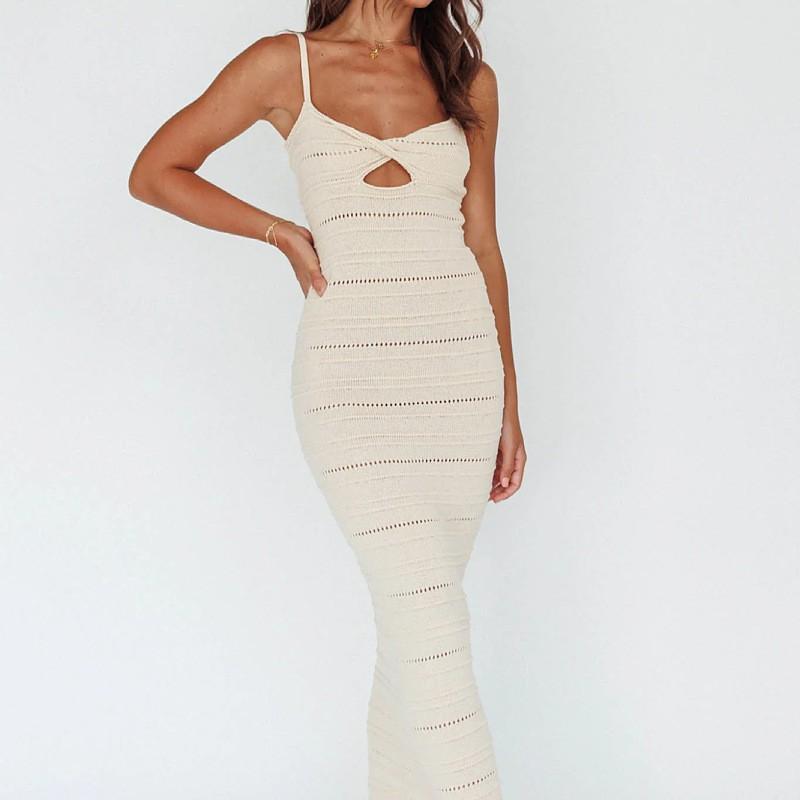 Womens Knit Slip Dress With Cutout Detail Bodycon Long Sleeveless In Streetwear Style Casual Wear Small абрикосовый