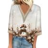 Women's Loose Casual Three-quarter Sleeve V-neck Lace Loose Christmas Print T-shirt Top