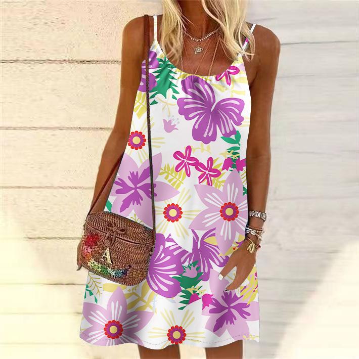 Women Flower Leaf Printed Mini Dress Sleeveless Party Dress Summer Beach Dress Sundress