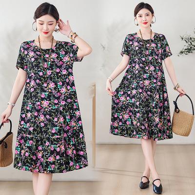 Summer Short-sleeved, Loose and Long Artificial Cotton Dress for Middle-aged and Elderly Women