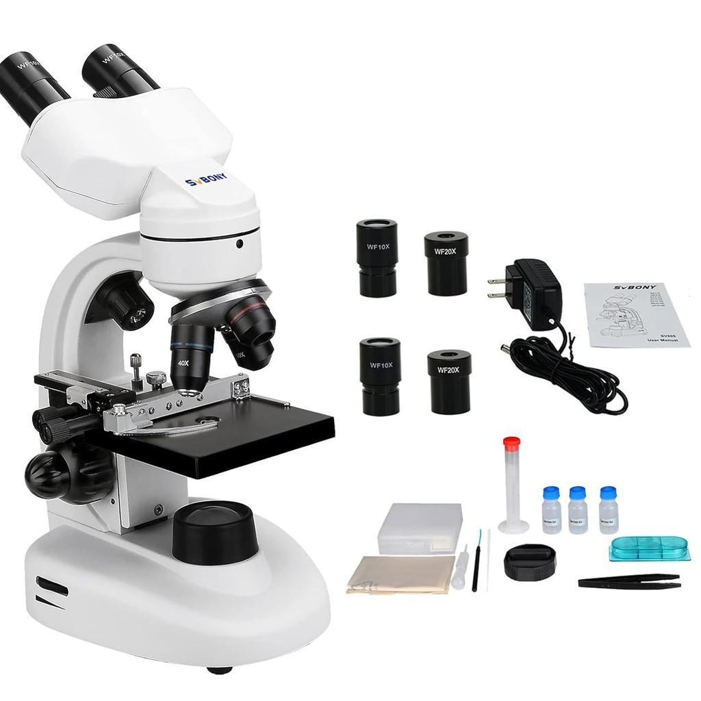 SVBONY SV605 Compound Binocular Biological Microscope with 80x-1600x High Magnification Wide Field of View, WF10X and WF20X Eyepieces, 4X, 10X, and