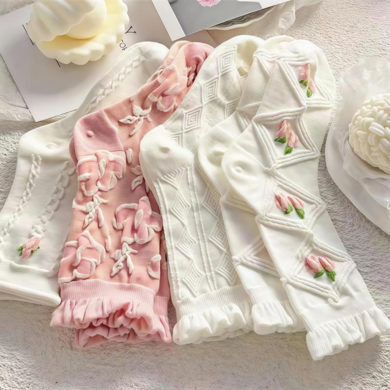 5 Pairs Cute Lace Socks For Womens Soft Versatile Fashionable Girl Socks Tide Medium Length Stockings Kawaii Mini Crew Socks
