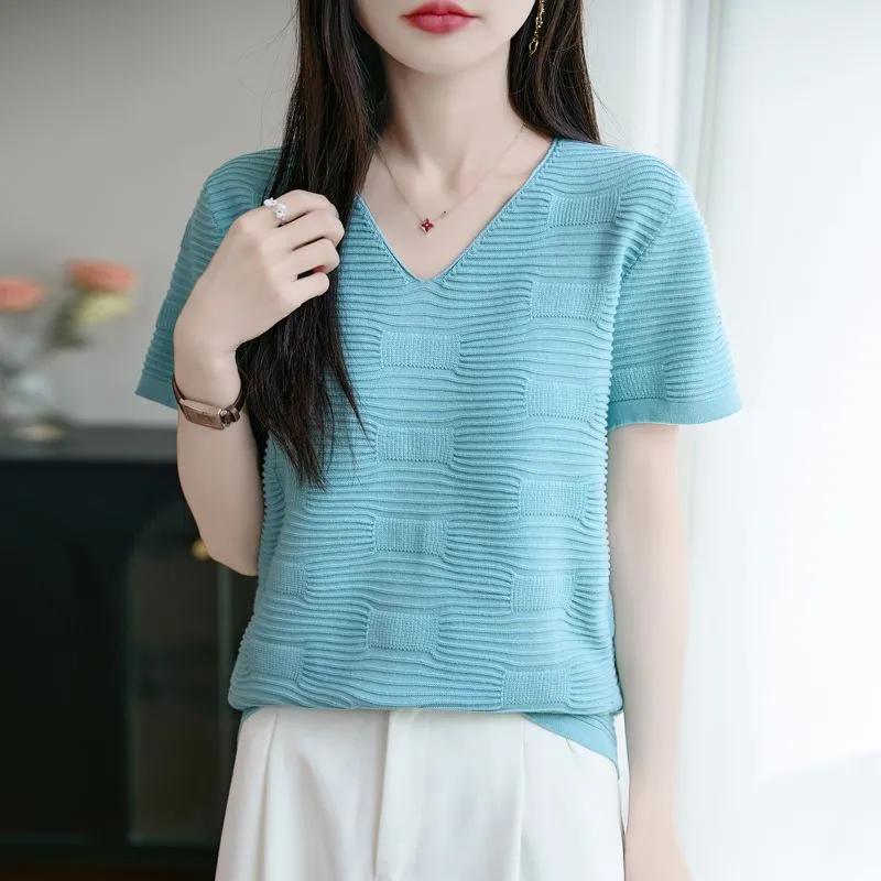 Damen V-Ausschnitt Gestricktes T-Shirt Lässig Kurzarm Texturiert Figurbetont Sommer Top