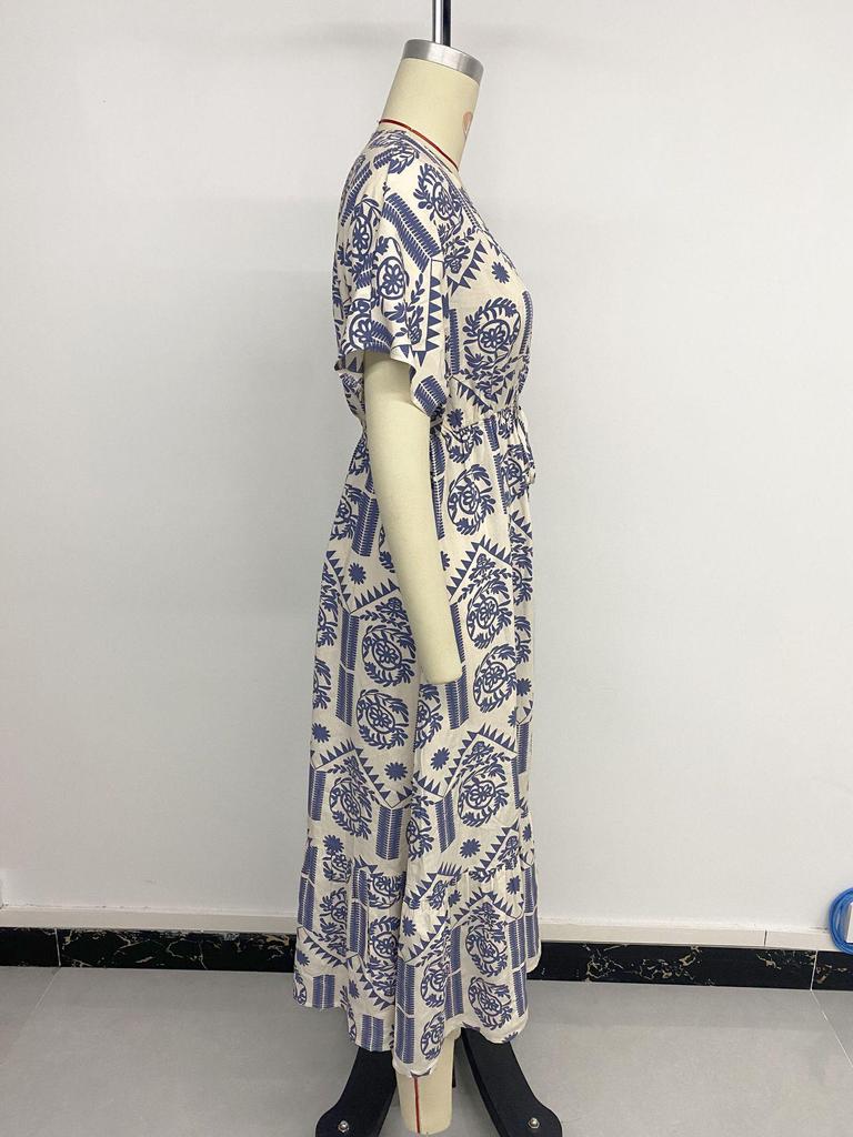 2025 Summer Ethnic Print V-Neck Short Sleeve Dress