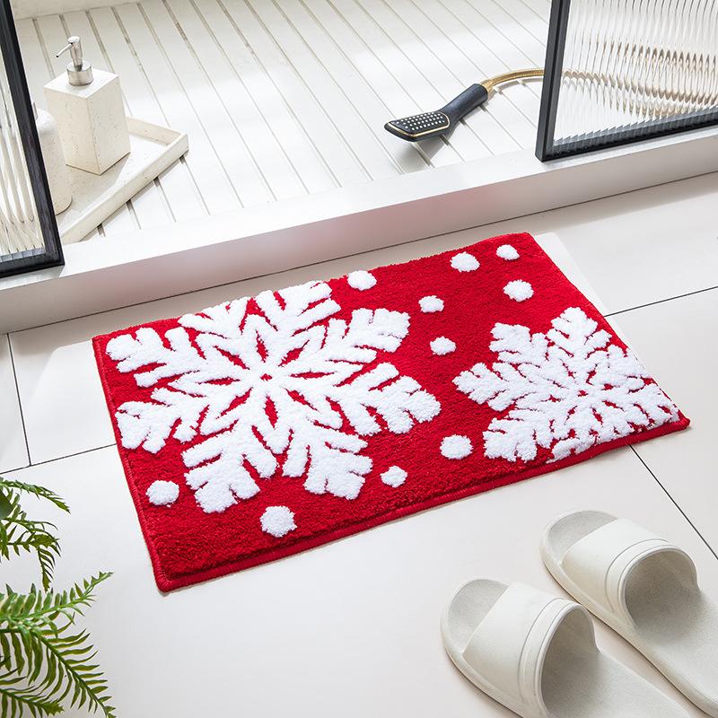 Christmas Carpet Snowflake Velvet Bath Mat Non-Slip Red Bathroom Rug Absorbent Door Mat Festive Holiday Entrance Mat For Home Decor
