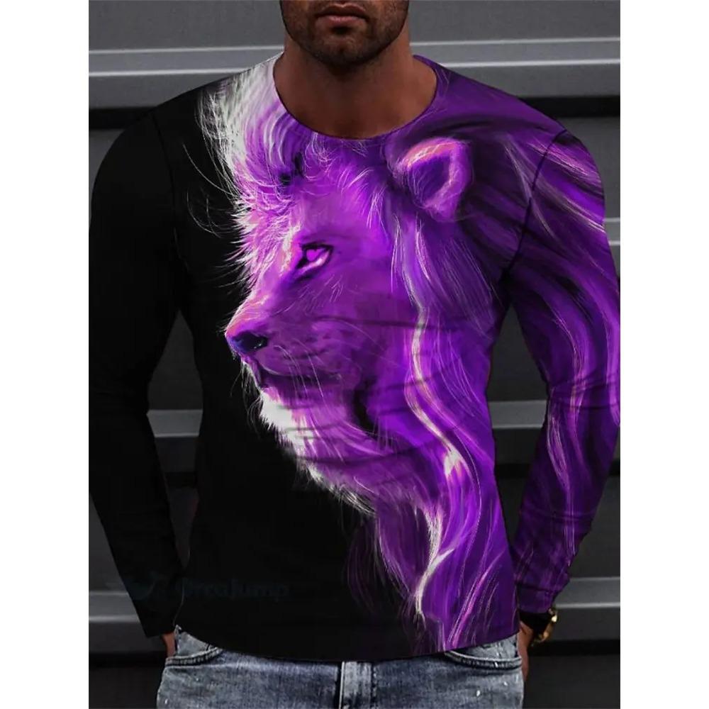 Spring and Autumn Round Neck Lion Pattern 3D Printed Top Fashionable Casual Long Sleeved Men's T-shirts
