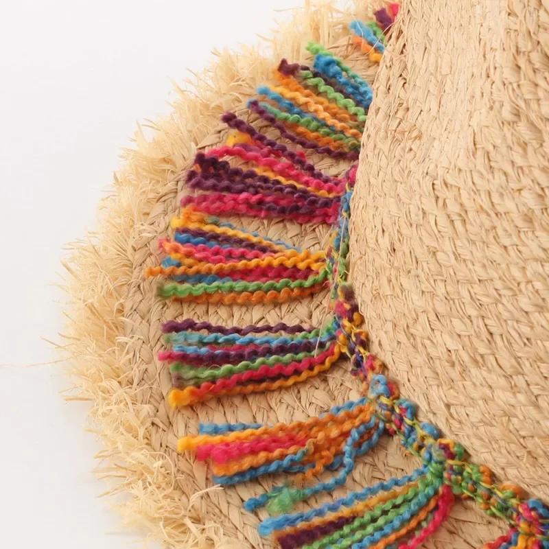 Girl's Fashion Gifts MultiColored Tassel Grass Hat for Sun Shading Sun Protection Breathable Weaving Wide Brim Grass Hat Gifts LS