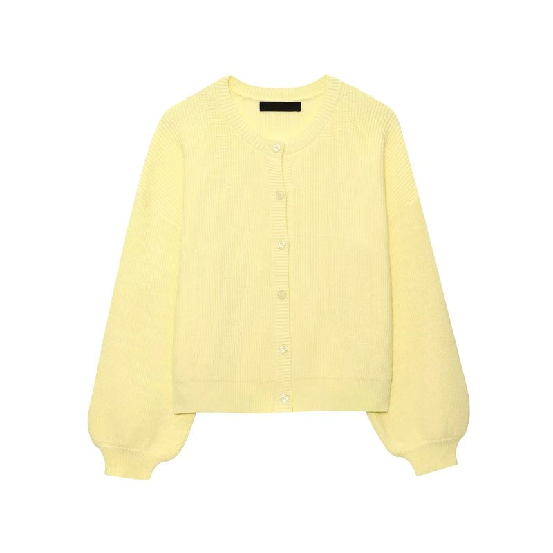 Summer New Product Women's Clothes French Style Commute Style Loose Single Row Multi-Buckle Round Neck Lantern Sleeve Knitting Cardigan Outwear