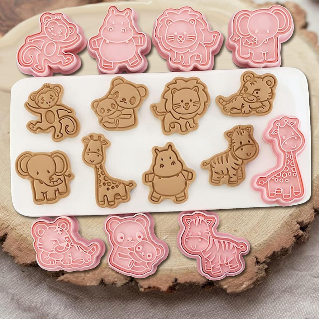 Pet 3D Cookie Cutter Set of 8 - Animal Shapes Biscuit Stamp Molds with Plunger, Embossing Baking Tools for Fondant Cheese Cookies, Pink