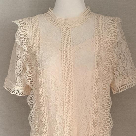 O-neck Short Sleeve Loose Summer Blouse Casual Lace Hollow Out Elegant Shirt Workwear