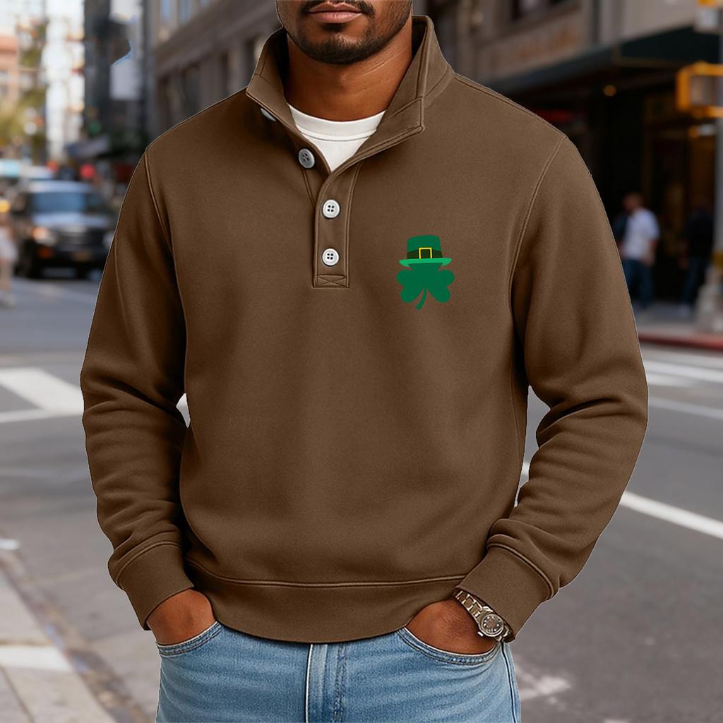 Men's Casual Stand-Up Collar Long-Sleeve Top Print Button-Down Sweatshirt