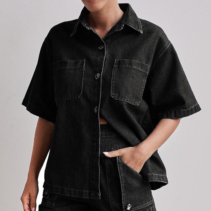 Summer Women's Casual Retro Loose-fitting Shirt and Denim Shorts Set for Street Style with A Unique Touch