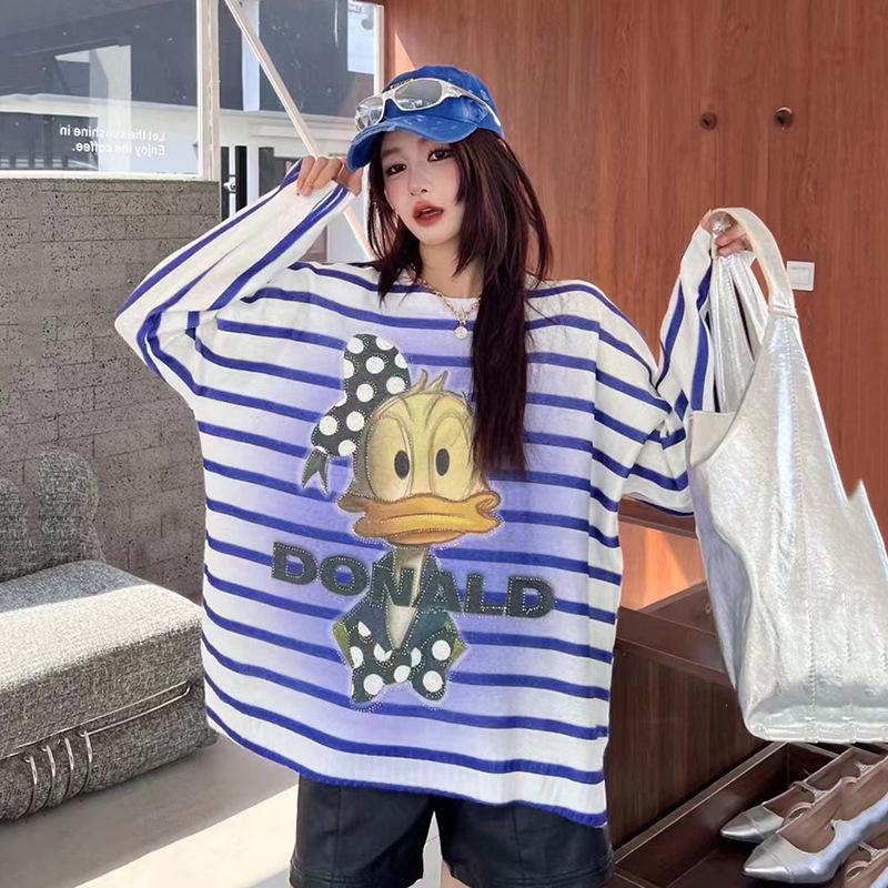 Women's Long Sleeve Plus Size Striped Sweater T-Shirt with Cartoon Print, Rhinestones, and Hip-Length Round Neck Design.