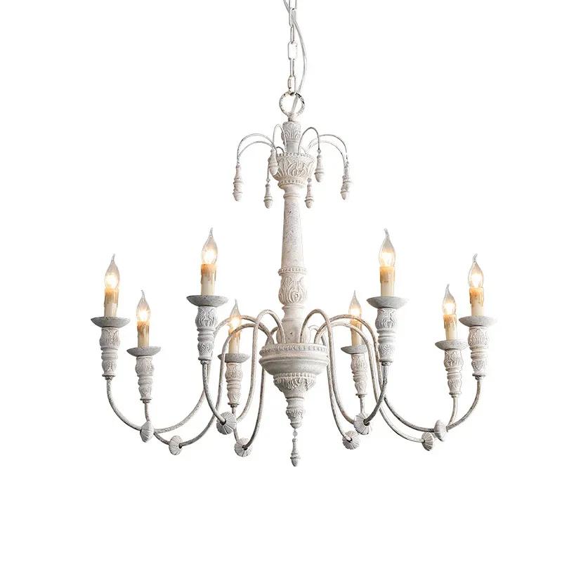 Solid Wood Carving Wooden Art French Style Chandelier Restaurant Villa Hall Bedroom Retro American Countryside Pendent Lights