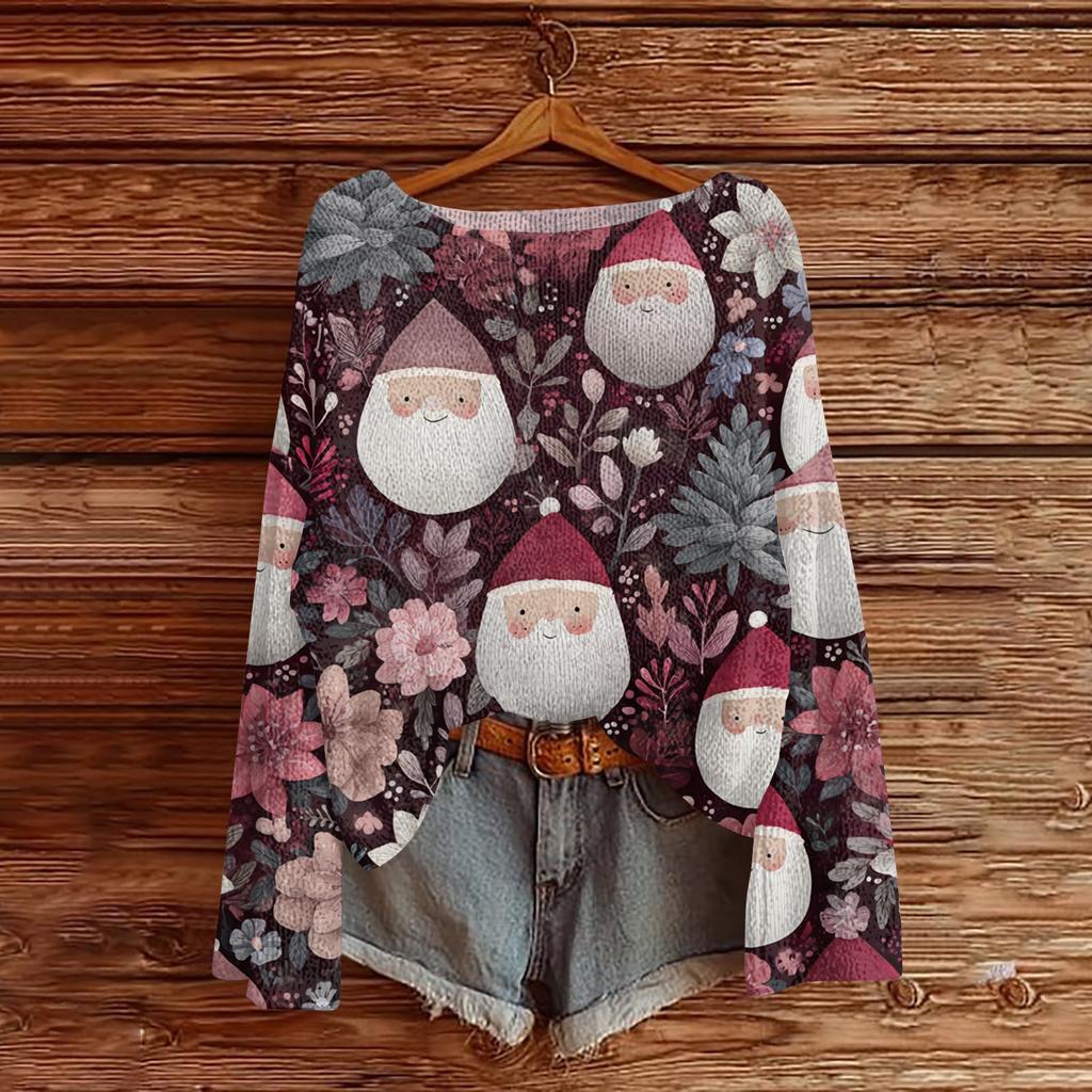 Women's Round Neck Lightweight Sweater Casual Long Sleeve Christmas Print Knit Pullover
