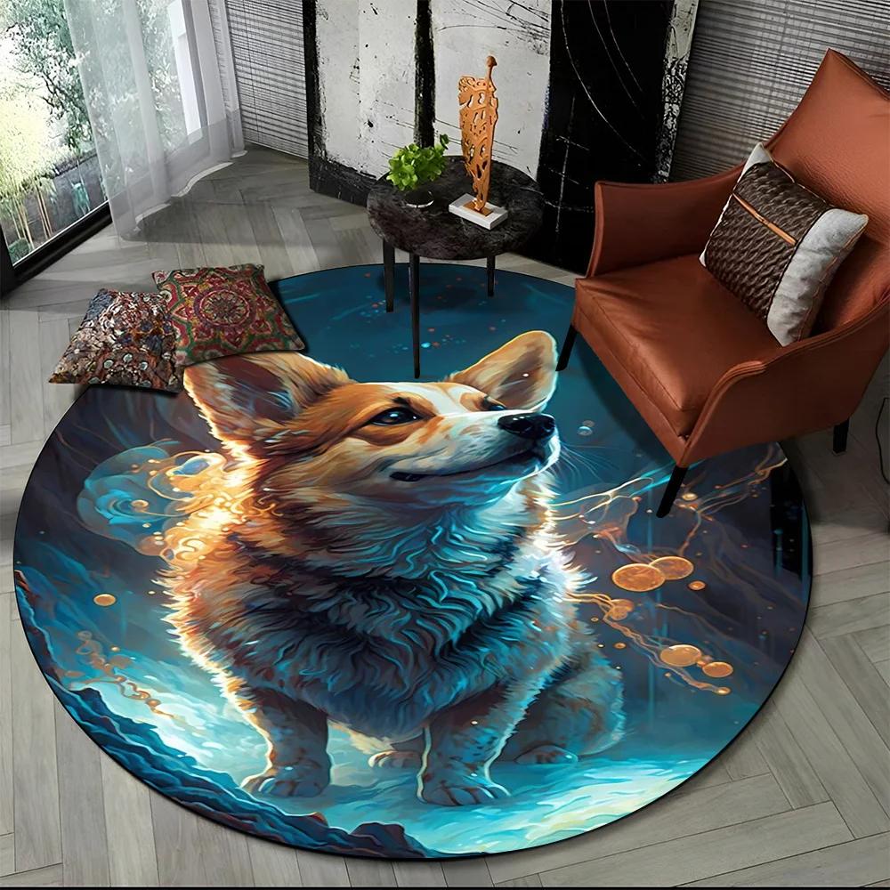 Cute Dog Samoye,Chihuahua,Koki Pomeranian Cartoon Round Carpet Rug for Living Room Bedroom Decor,kids Pet Area Rug Non Slip Mat