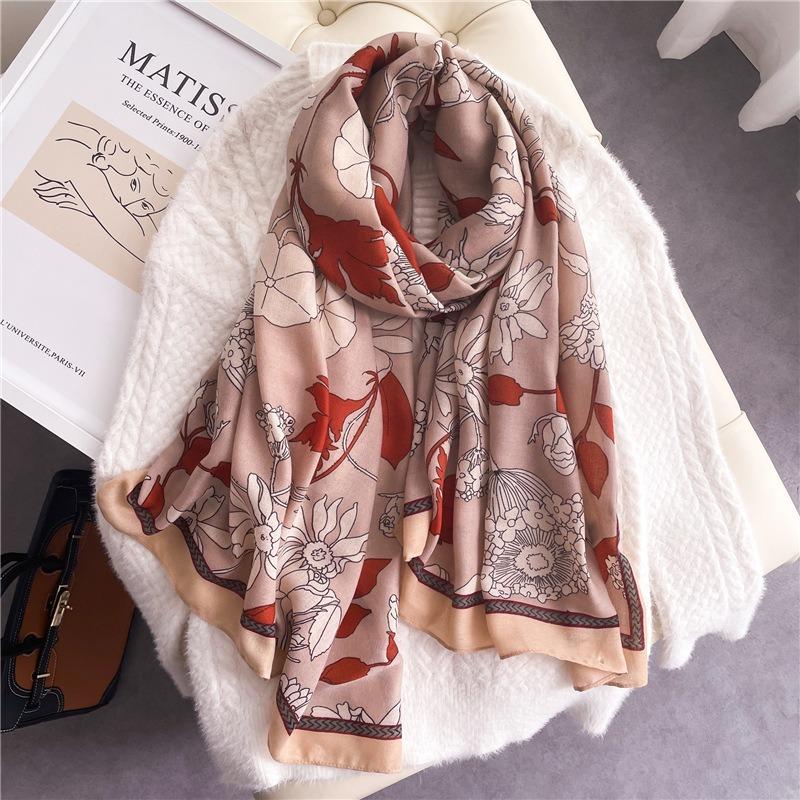 Real shot scarf cotton and linen elegant flower shawl autumn and winter new women's yarn wind sweet