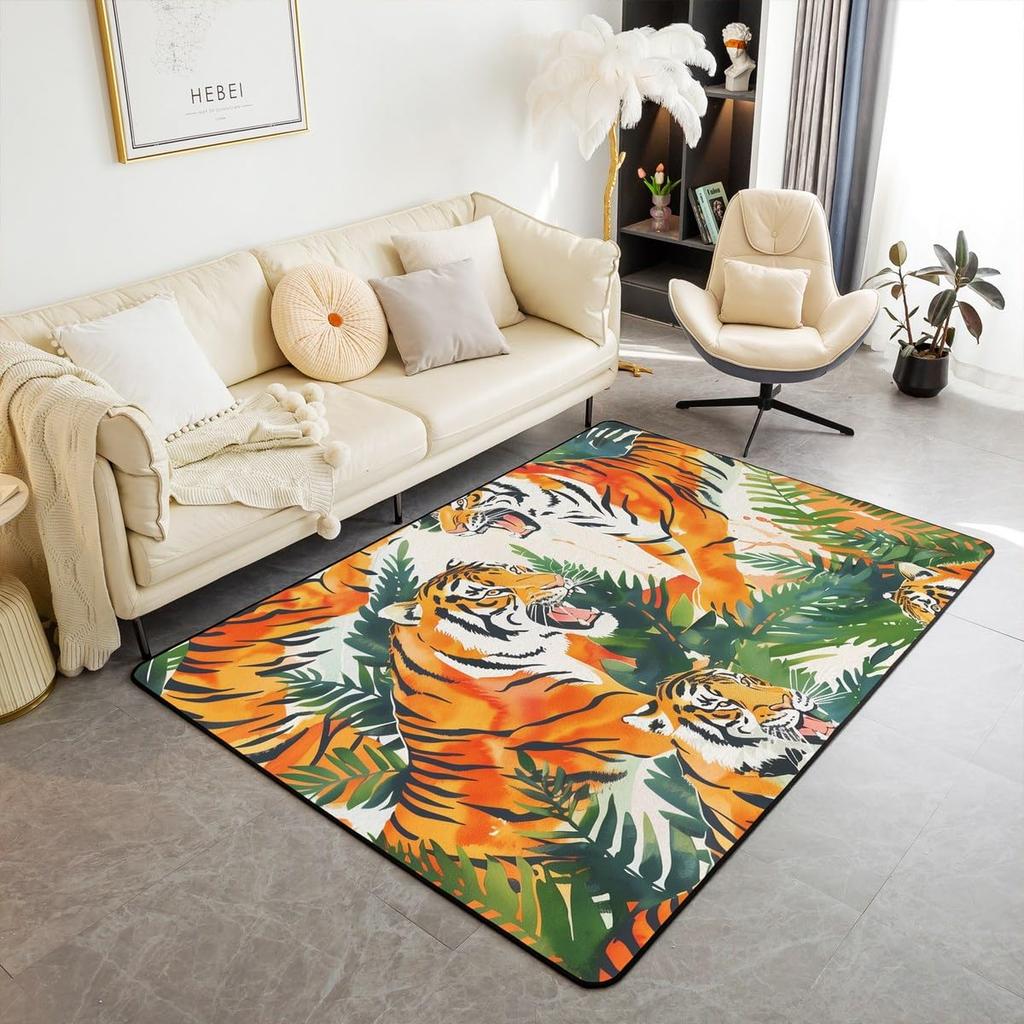 Japanese Ukiyo-e Tiger & Ocean Wave Print Area Rug, Bold Non-Slip Floor Mat for Living Room Bedroom Home Decor Carpet