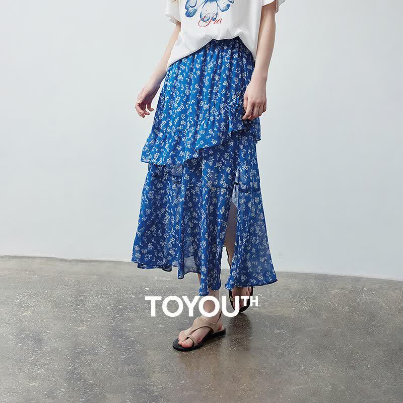 French Retro Irregular Ruffle Hem Floral Long Skirt XL