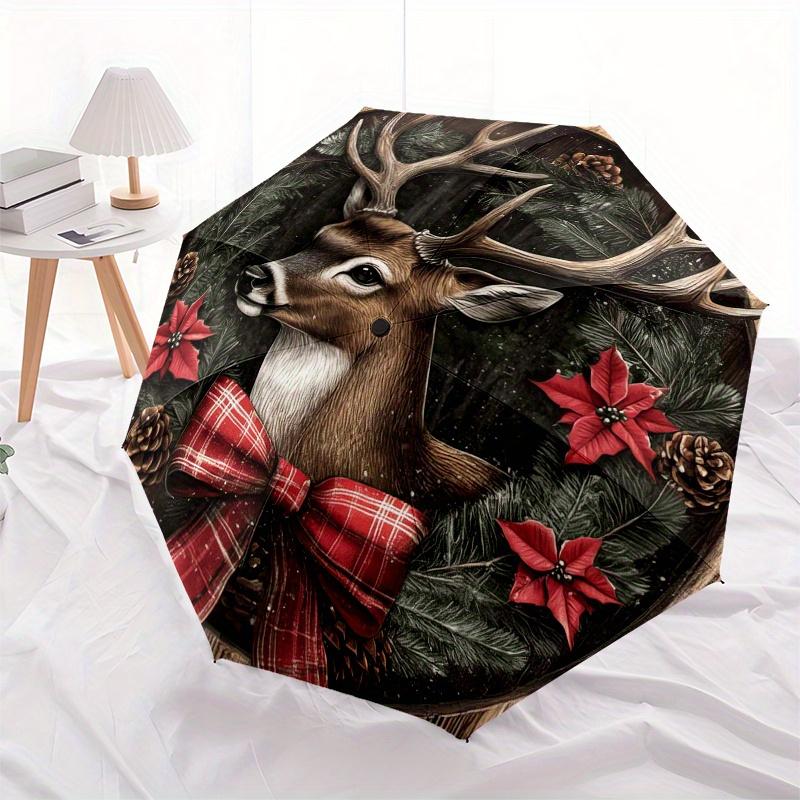 Christmas Deer Wreath Wall DecorUmbrella, Portable 3-FoldCompact Umbrella for Men & Women Gift