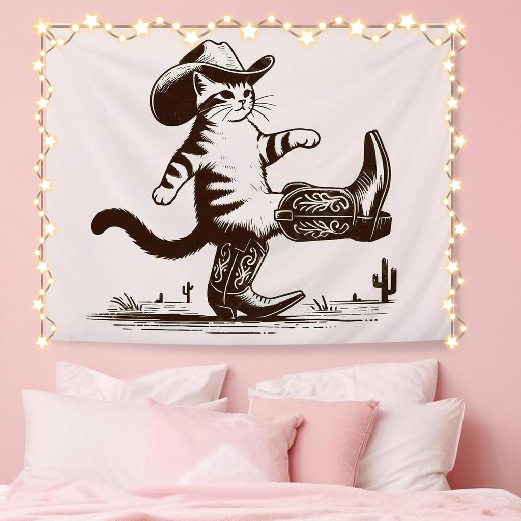 NATSUNO Western Tapestry, Funny Western Cowboy Cat Wall Tapestry for Bedroom, Retro Wild West Country Cat Tapestries Wall Hanging for Home Bedroom