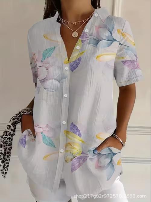 European and American summer hot-selling shirts, short-sleeved women's clothing, printed fashion lapel shirts, tops, casual women's clothing