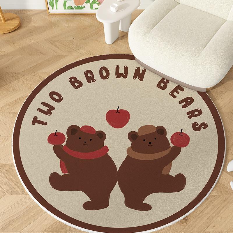 Cute Cartoon Animal Round Area Rug with Bear Dog Patterns and Text Designs Floor Mat for Kids Room Living Room Home Decor