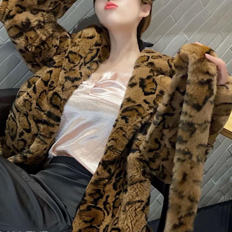 suit collar fur waist long leopard print coat loose imitation fur jacket women autumn and winter