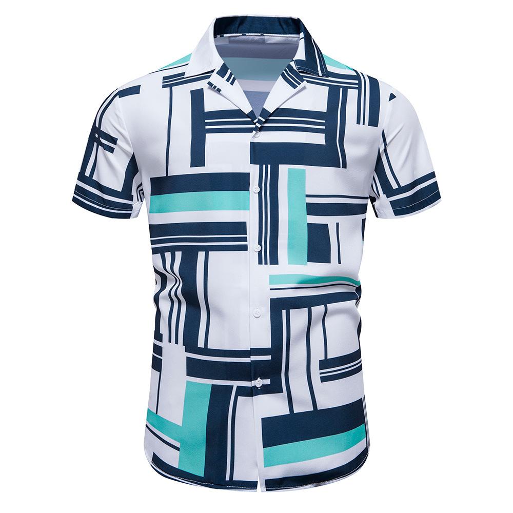 Summer New Men's Casual Short-sleeved Shirt Contrasting Print Hawaiian Style Lapel Top Short-sleeved