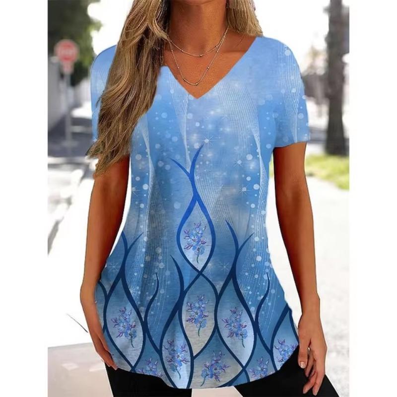 3D Printing Vintage T Shirt Women Summer V-Neck Pullover Short Sleeve Ladies Clothing Simple Black Women's T-Shirt Streetwear