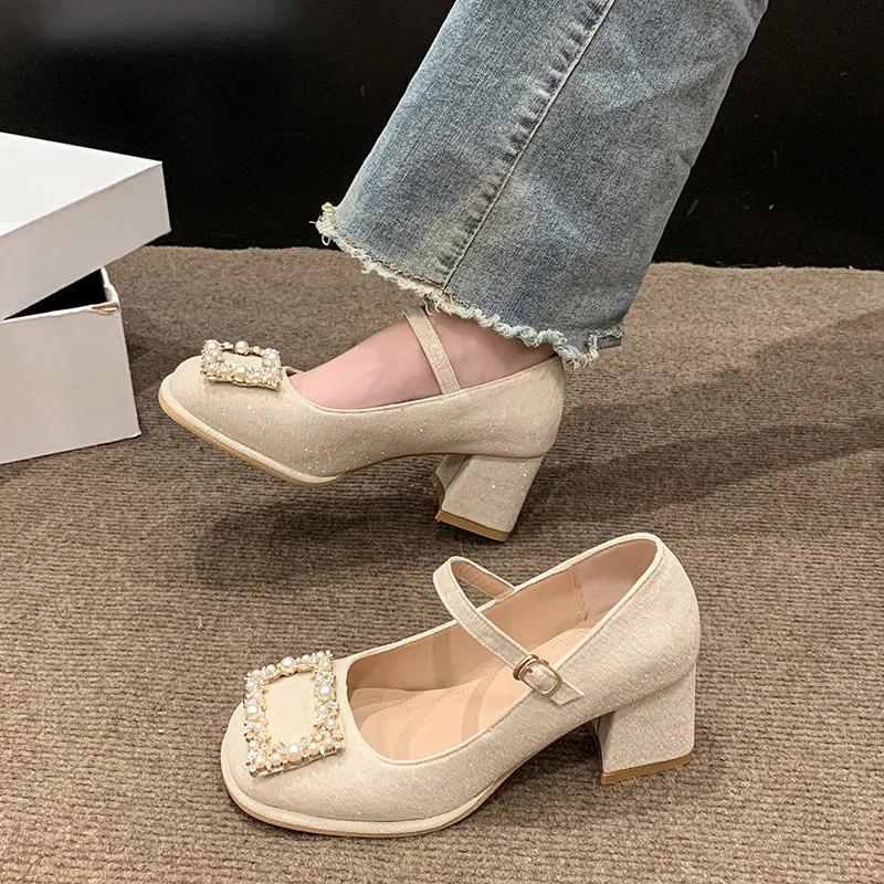 Fashion French Thick Heel Square Head Waterproof High Heel Single Shoes Women 2025 New Line Button Fairy with Skirt Shoes