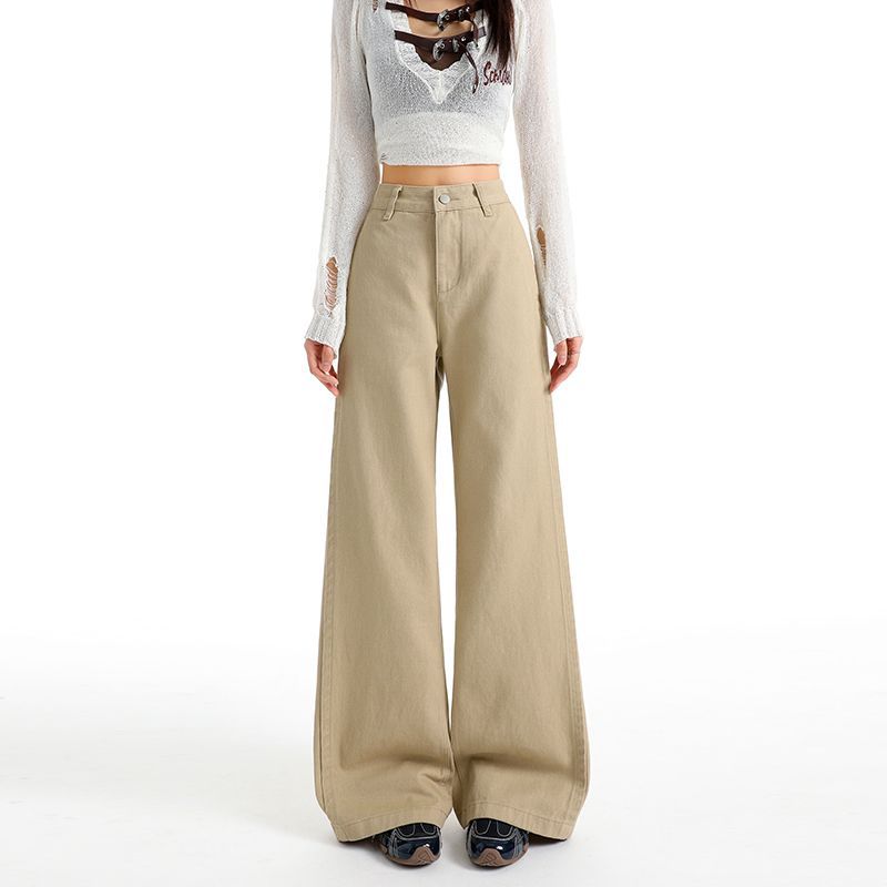 Early Spring Khaki High Waist Vintage Patchwork Slim Straight Wide Leg Denim Pants For Ladies Casual Pants Oversize Denim Trousers