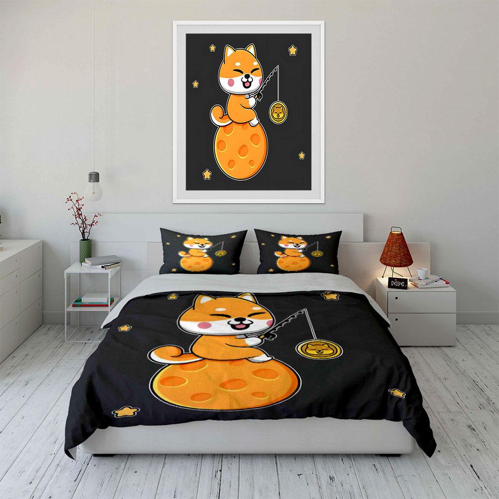 3Pcs Cute Shiba Fishing For Coin On Moon Print Duvet Cover + 2 Pillowcases, Large-Sized Home Decor, Gifts