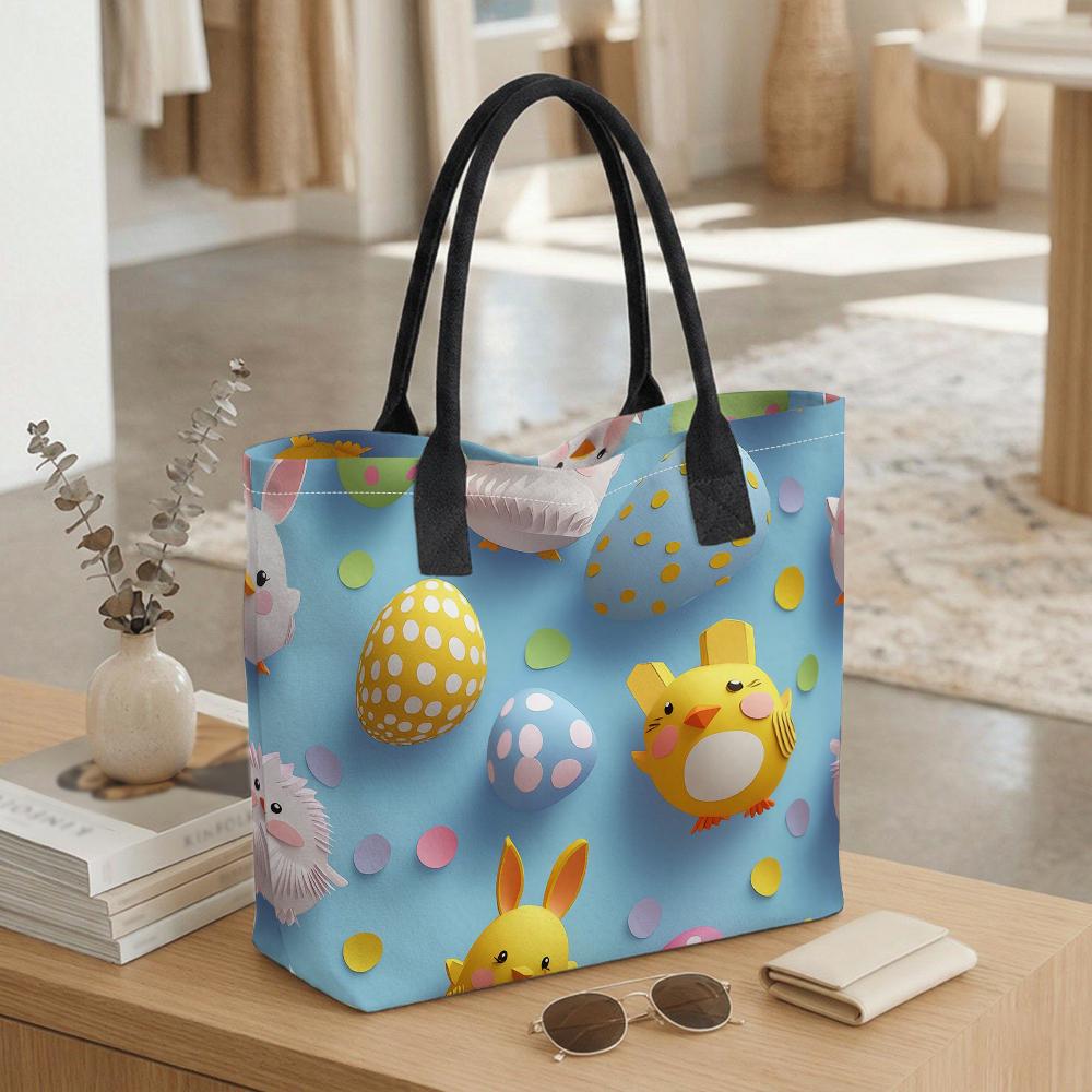 Cute Easter Tote Bag Cartoon Print Large Capacity Handbag for Daily Shopping