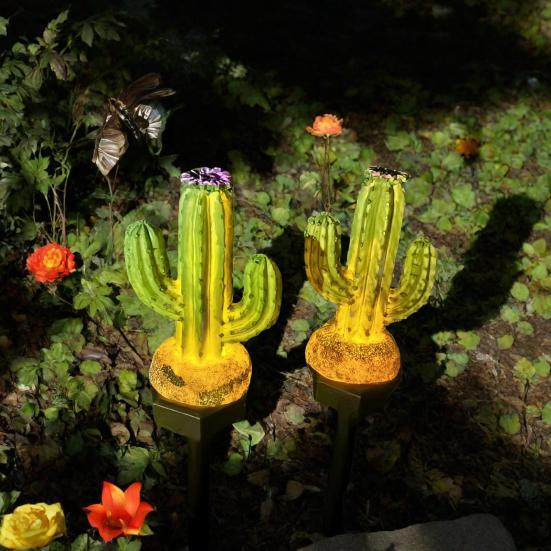Solar Powered Garden Lights Cactus Light, Resin Pathway Waterproof Decorations for Patio LED Light with Stake Yard Lawn Decor Warm