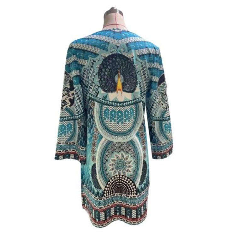 Retro Ethno-Print Sommerkleid Damen Langarm V-Ausschnitt Weich Atmungsaktiv Locker Knielang Lässig Täglich Midi-Kleid