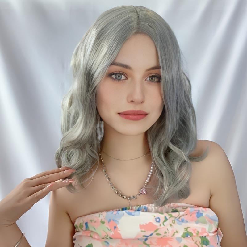 Female Synthetic Silver Grey Wig Fluffy Fake Hair for Woman Daily Cosplay Loose Wave Wig Heat Resistant Fibre