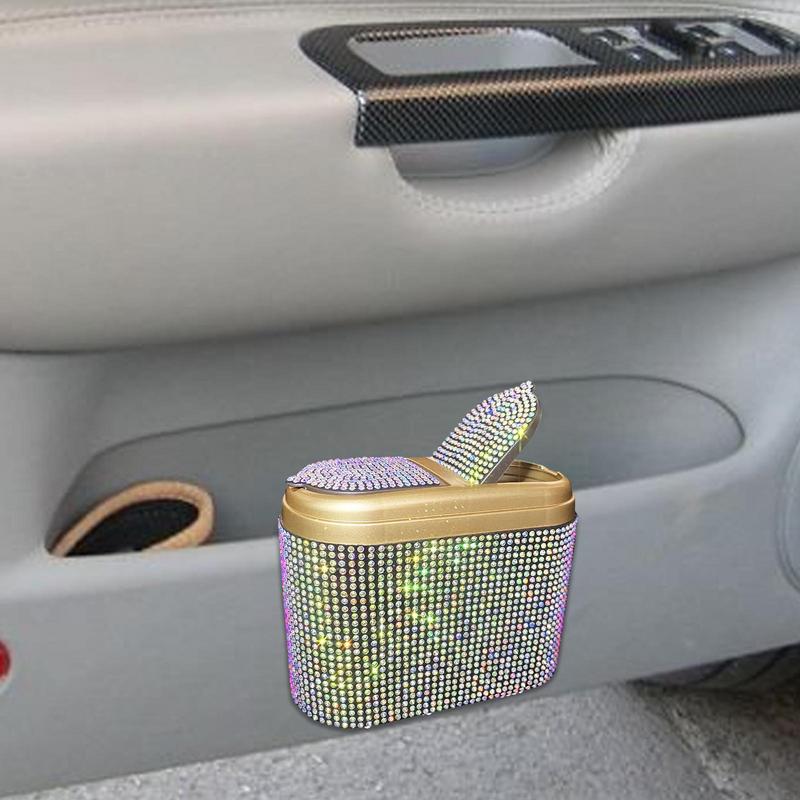 Car Garbage Can Elegant Rhinestone Design Car Trash Can With Lid Multifunctional Front Seat Garbage Bin Multipurpose Organizers