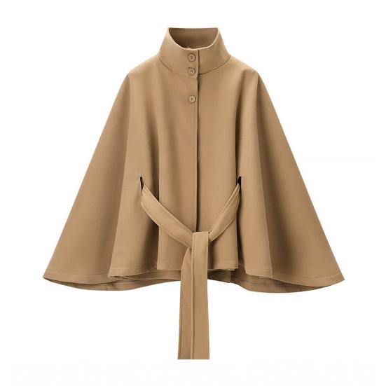 Women's Batwing Sleeve Wool Poncho Coat Stand Collar Cropped Cape Jacket with Belt Fall Winter Short Trench Pea Coat