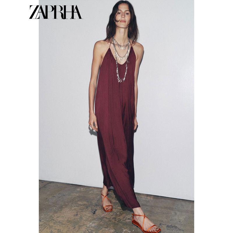 Zaprha 2025 Summer New Round Neck Cross Sling Silk Satin Texture Asymmetric Length Dress 8040019
