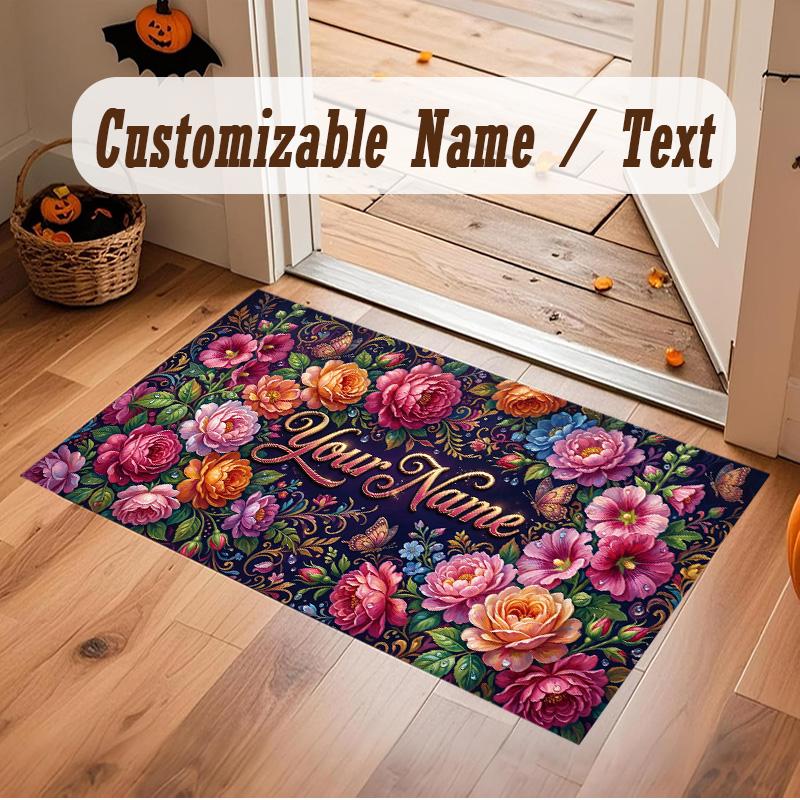 Floral Garden Theme Soft Crystal Velvet Rug Custom Name & Text Print Non Slip Floor Rug for Bedroom Living Room